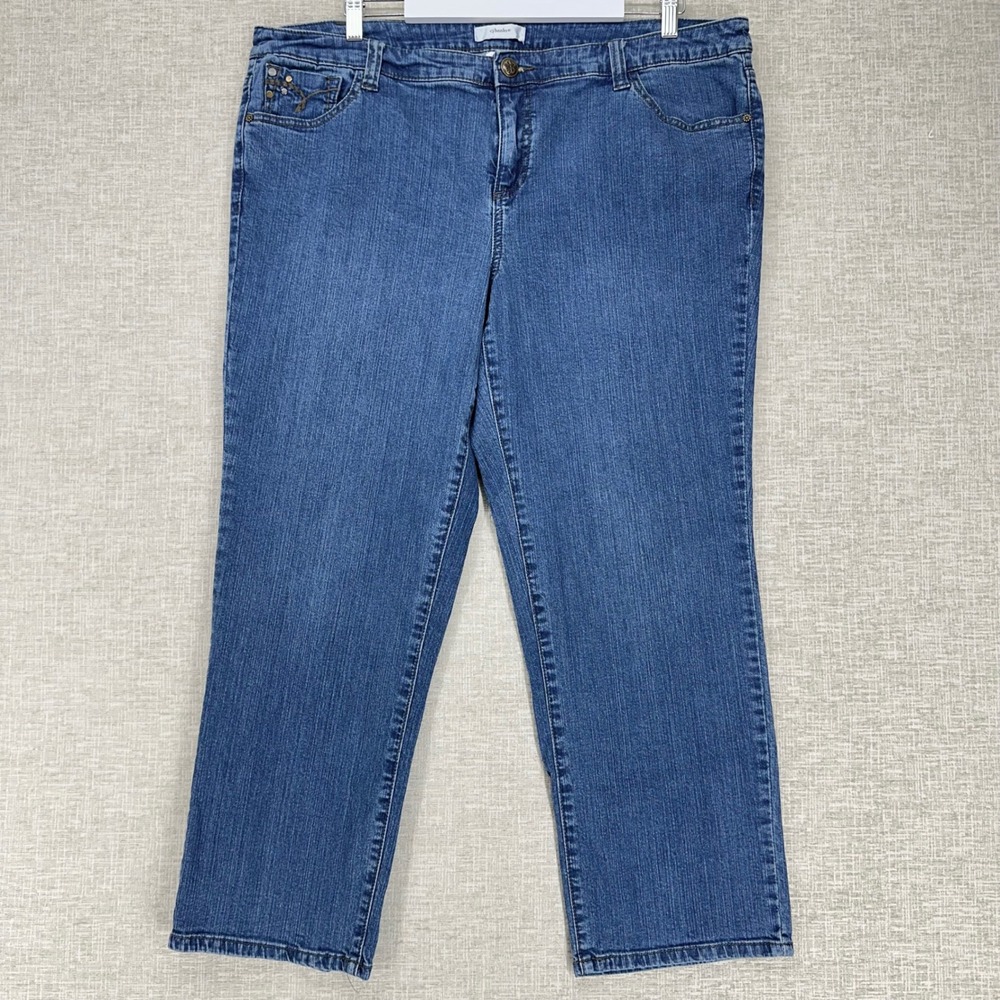 CJ Banks Straight Leg Jeans Women 18W Petite Blue Embroidered Studded Med Wash